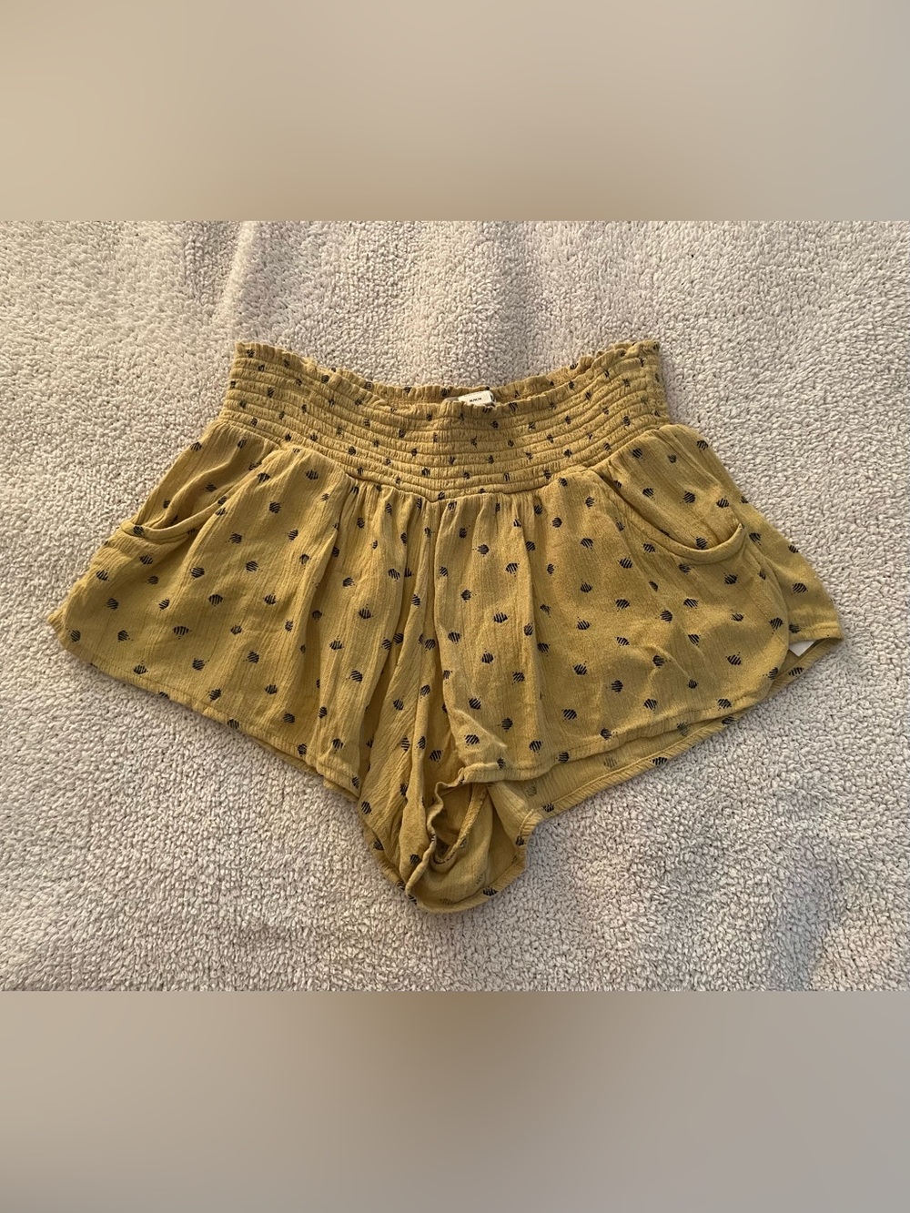 Billabong Mustard Yellow Smocked Waist Shorts with Black Dot Print